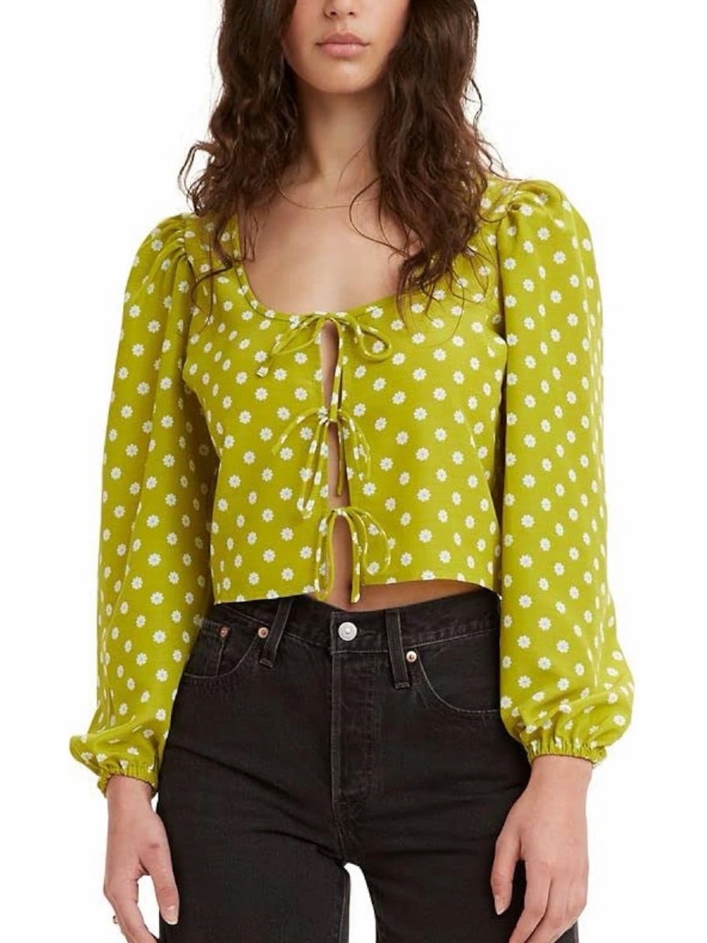 Levi’s Women’s Embry Tie Blouse Sweet Daisy Split Pea Floral Green Size Small